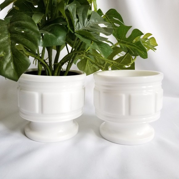 Set of 2 MCM Vintage Milk Glass Jardiniere Block Pattern Pedestal Vases Planters - Picture 1 of 7